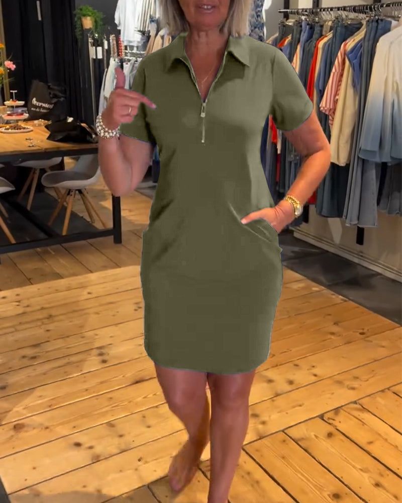 Summer Casual Dress Short Sleeve Zipper Closure Solid Color Stylish for Everyday Wear Wholesale Available