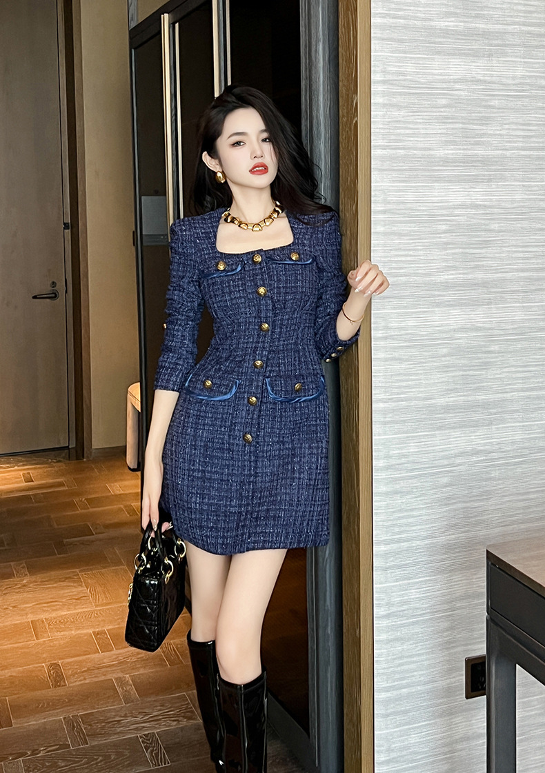 Đầm nữ dáng chữ A cổ vuông thắt eo vải tuýt dài tay — Màu tím xanh lam