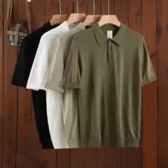 Old Money Style Cool Silk Open-Chest Polo Knit Sweater Short-Sleeve Heavyweight Trendy High-Quality T-Shirt Business Casual Men's Wear
