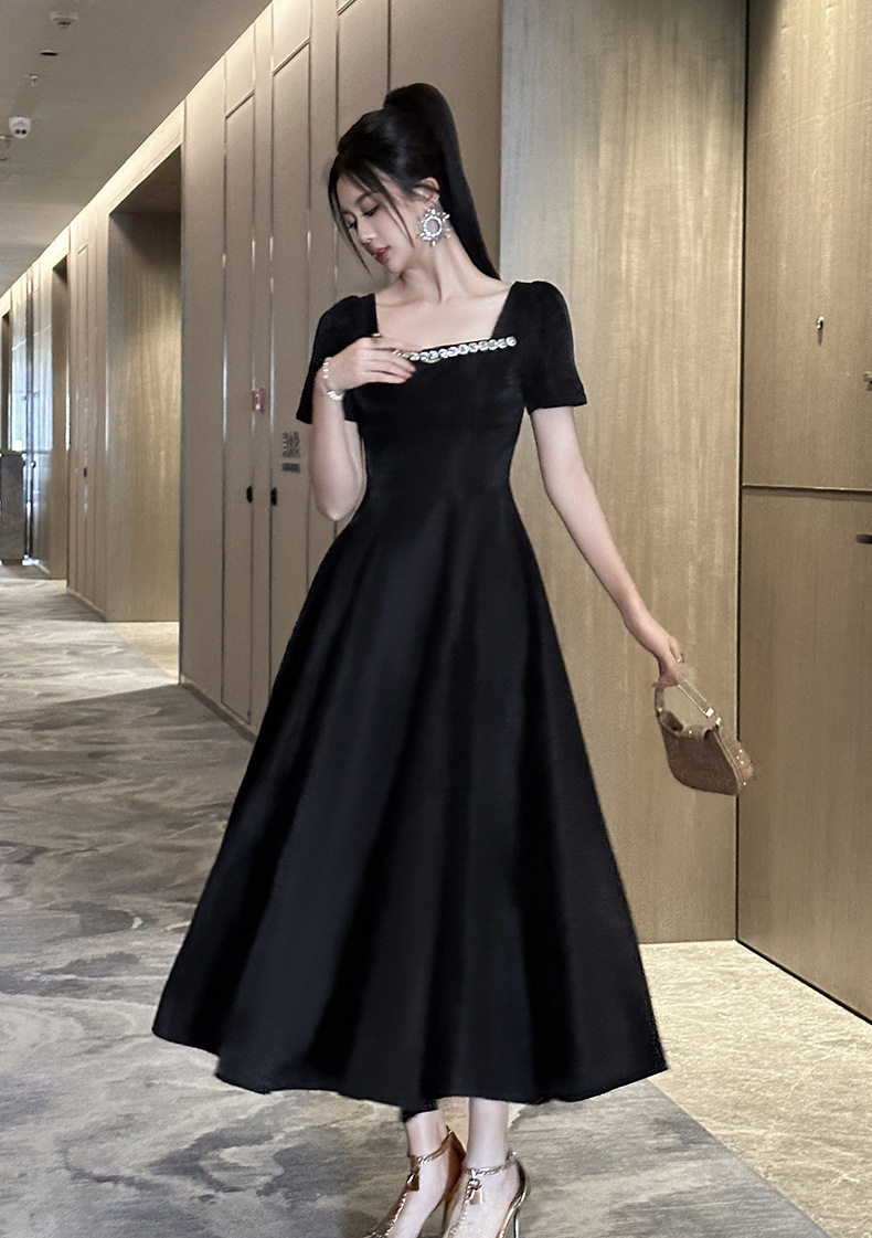 Đầm maxi nữ cổ vuông tay ngắn dáng chữ A cao eo — [Màu đen] chi tiết 9