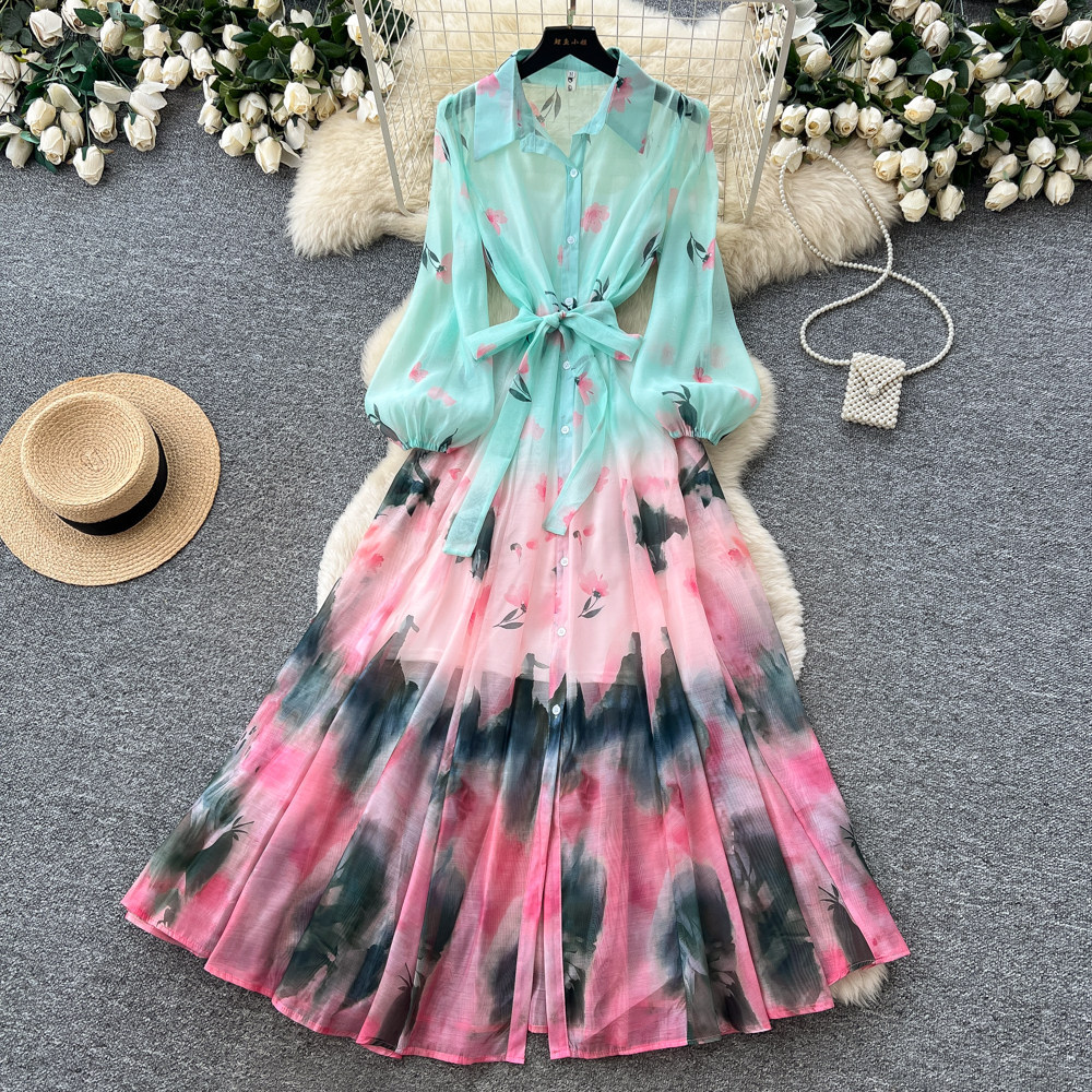 Tie Dye Gradient Print Dress Long Sleeve Waist Defined A Line Elegant Style Autumn Casual or Vacation Wear