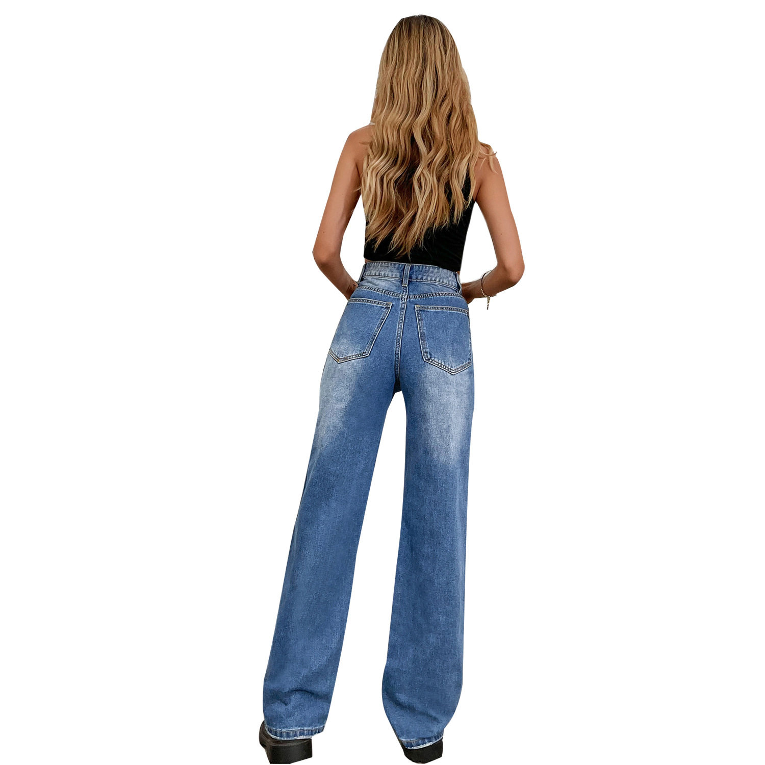 High Waisted Ripped Denim Trousers Loose Fit Floor Length Trendy Style Casual Wear for Women Wholesale Available