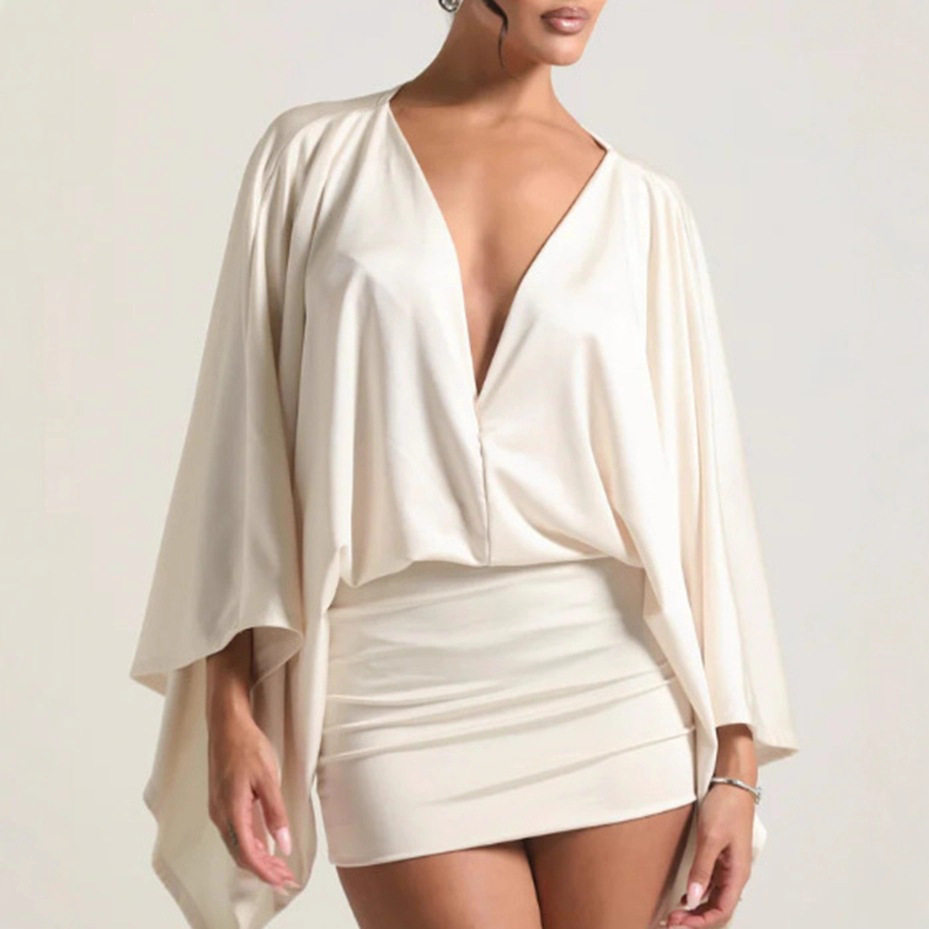 Womens Casual Mini Dress Solid Color V Neck Short Sleeve Versatile for Autumn customizable