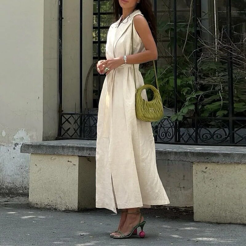 Sleeveless Split Midi Dress Elegant Solid Color Summer Office Wear for Women Wholesale Available