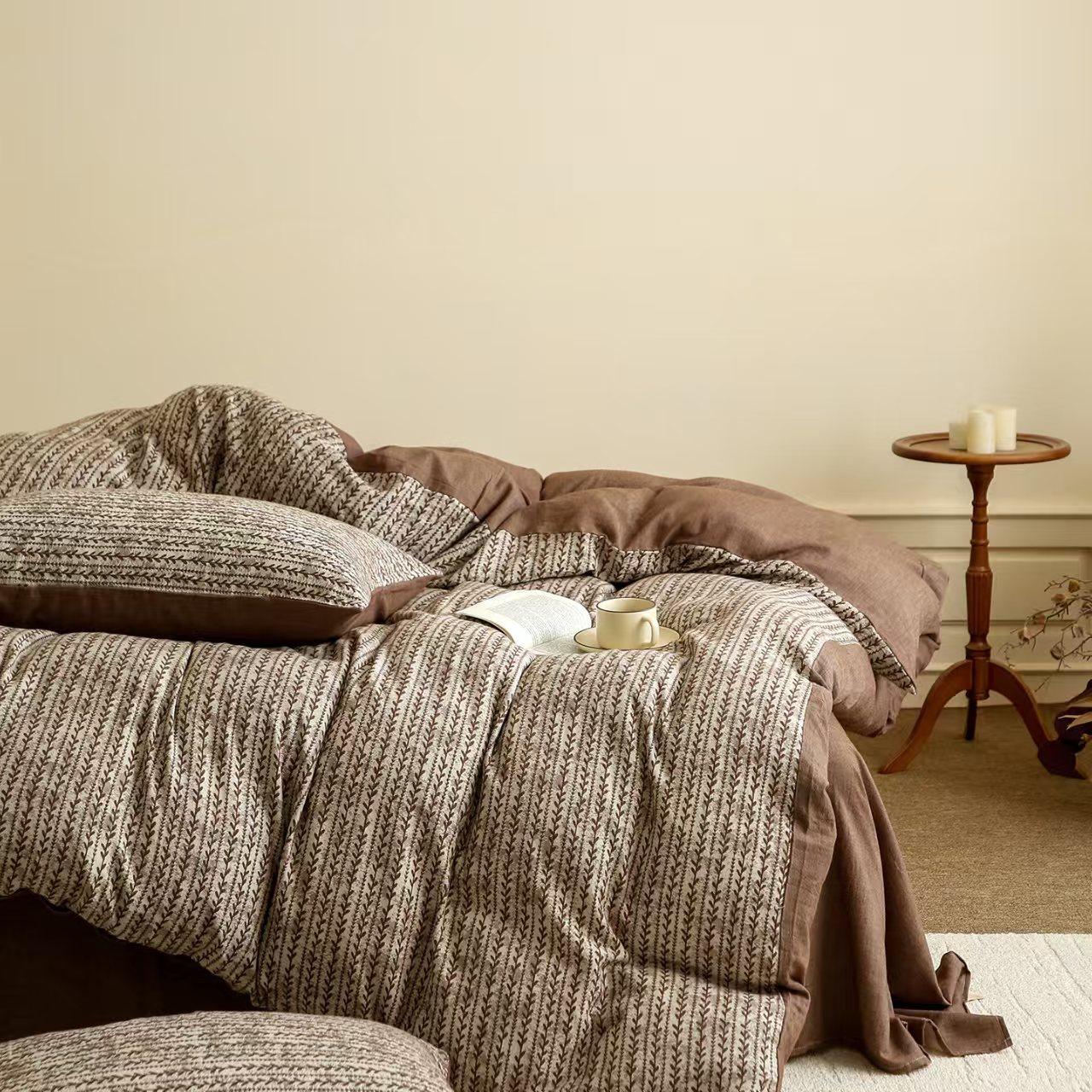 Retro Pastoral Style Skin-Friendly Holiday Naked Sleeping Cotton Yarn-Dyed Jacquard Four-Piece Set Pure Cotton Bed Sheetss and Quilt Covers Bedding