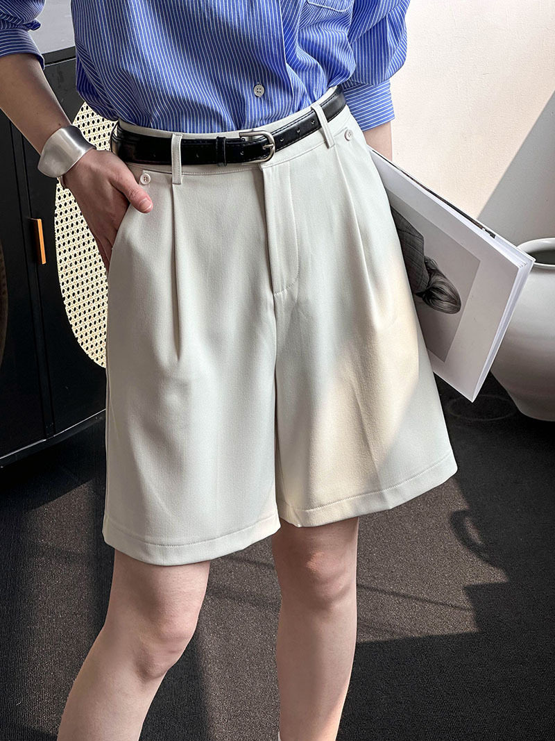 Quần Short Nữ Vải Lưng Cao Ống Rộng Phong Cách Công Sở Màu Xám, Trắng