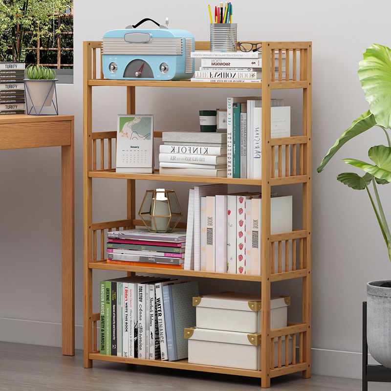 简易书架落地面置物架子办公室家用收纳架儿童学生书柜客厅书房竹
