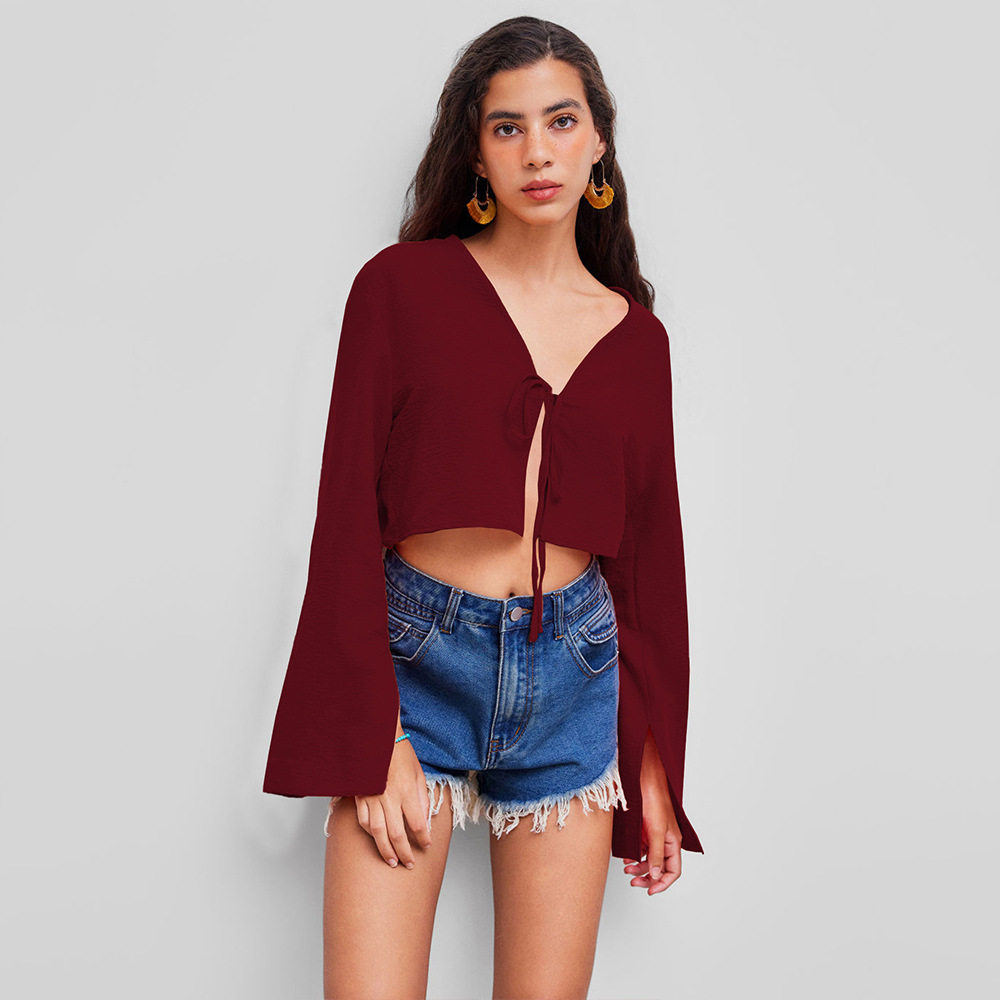 V Neck Tie Front T Shirt Sexy Design Burgundy Color Lightweight Fabric Spring Summer Casual Wear Wholesale Available