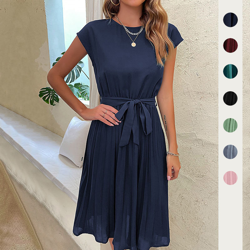 Casual Summer Dress Simple Solid Color Pleated Design Comfortable Fit Perfect for Everyday Wear Wholesale Available