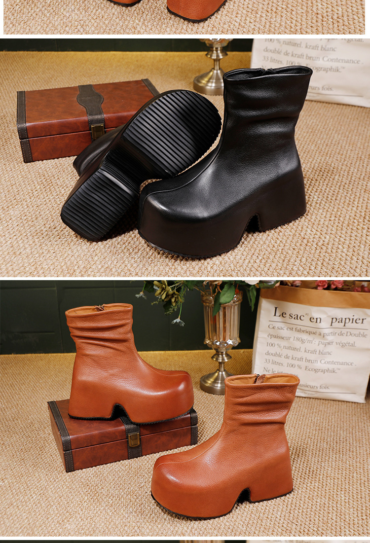 Boot nữ da bò thật cổ thấp đế dày tăng chiều cao phong cách cổ điển — màu đen, màu nâu