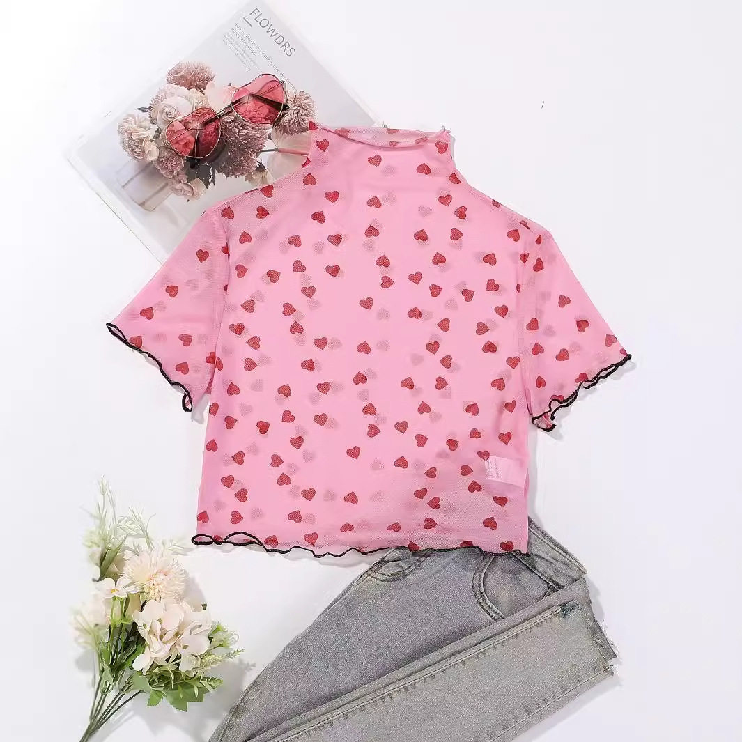 Short Cropped T Shirt Sweet Floral Print Sheer Fabric Casual Style Perfect for Summer Outings Wholesale Available