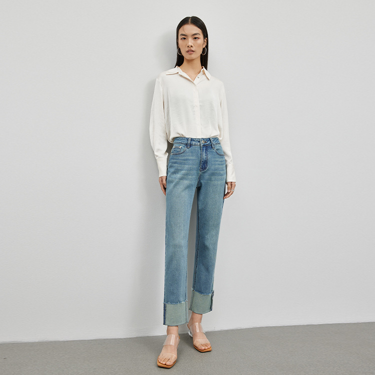 HEY+JEANS牛仔裤女2023年春款端品质微弹翻边直筒裤