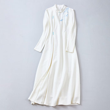 Chantachu Chinese-Style Improved Cheongsam Version with Stand Collar, Plain White Zen Tea Dress, Artistic Long-Sleeved Tang Suit Waist Dress