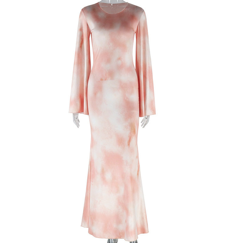 Elegant Flared Sleeve Dress Round Neck Ruffled Hem Floral Print Casual Chic for Women Wholesale Available
