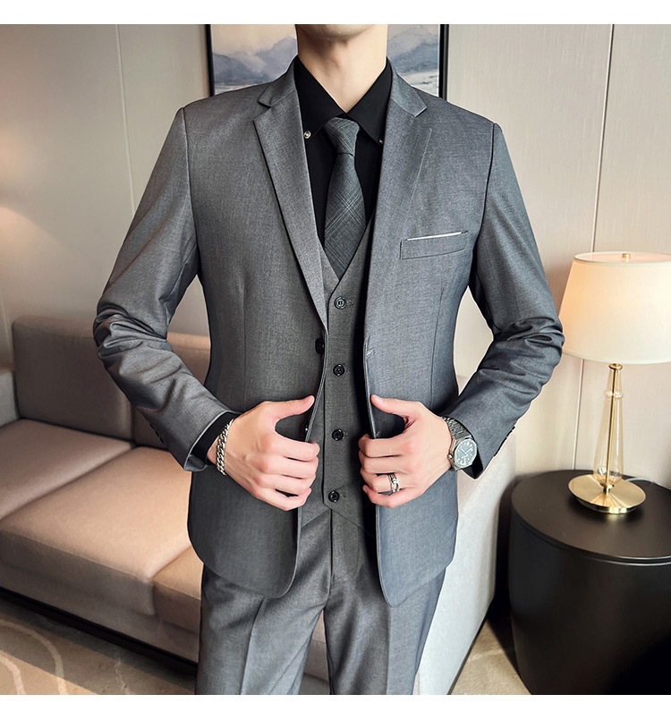 Bộ vest nam ôm dáng ba món phong cách công sở và dự tiệc cưới — Màu xám (áo một nút + áo vest + quần), Màu xanh navy (áo một nút + vest + quần), Màu xám (áo một nút + quần), Màu xám (áo đơn một nút)