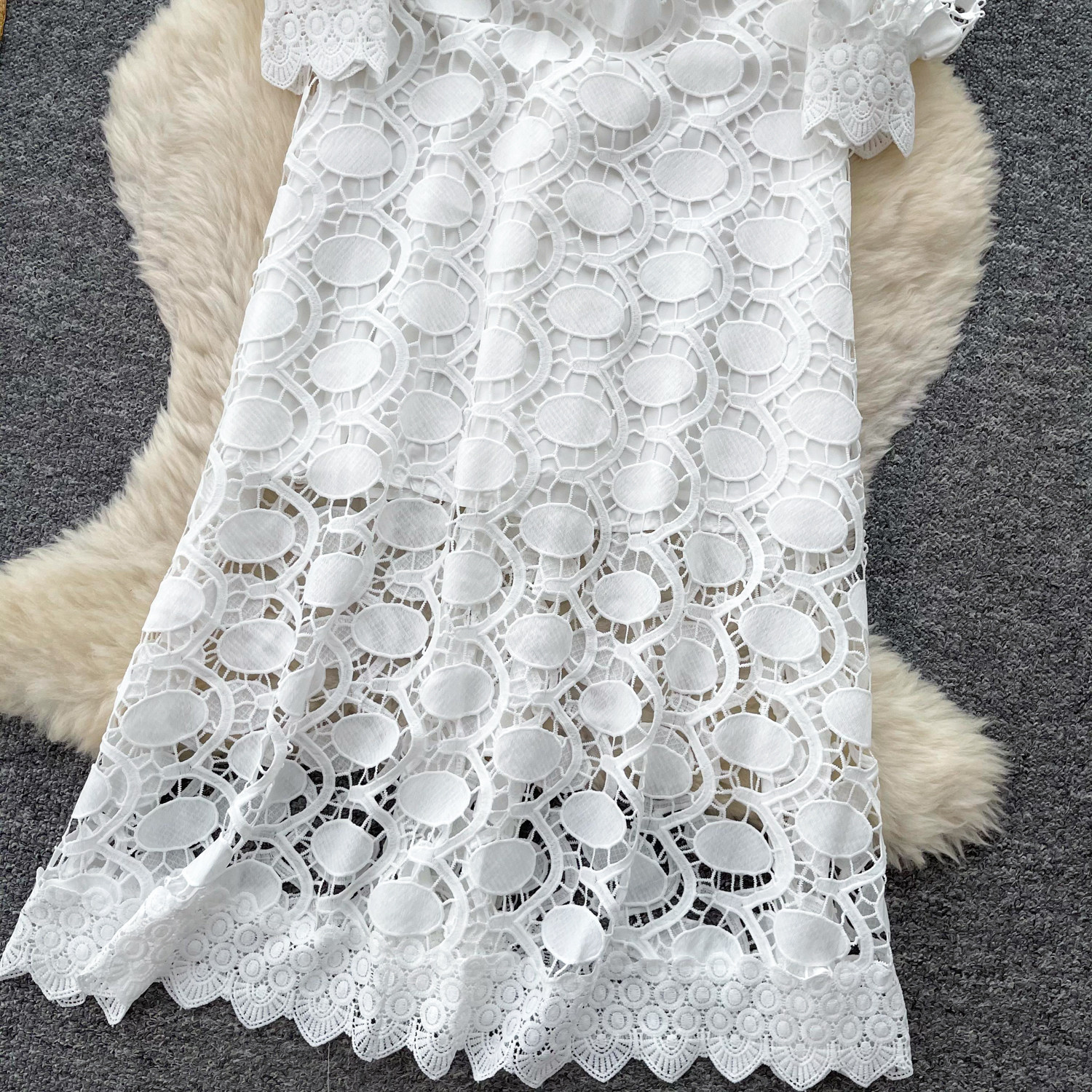 French Vacation Style Hollow Lace A Line Dress for Women Summer Elegant Slim Fit Korean Design Wholesale Available