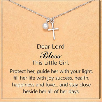 Amazon Hot Selling Girls Simple Personality Cross Pearl Necklace Alloy Silver Plated Pendant