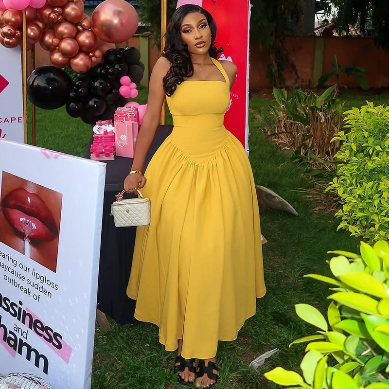 A Line Dress Waist Defining Slim Fit Pleated Solid Color Elegant Evening Wear for Parties OEM Available