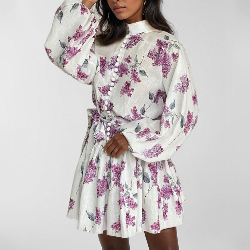 Spring Womens Dress Fashionable Floral Print Stand Collar Lantern Sleeves Casual or Party Wear Wholesale Available