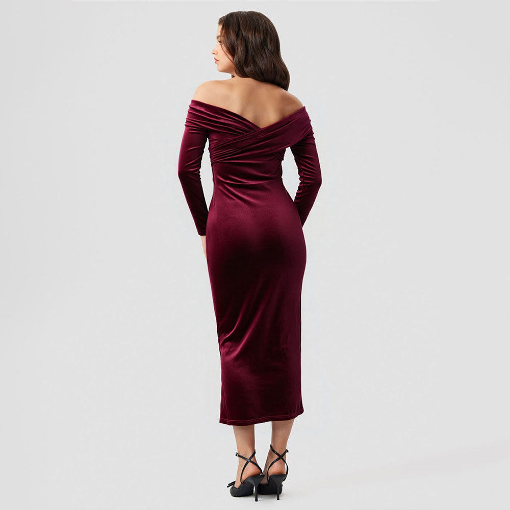 Velvet Bodycon Midi Dress for Women Cross V Neck Off Shoulder Side Slit Elegant Evening Wear Wholesale Available