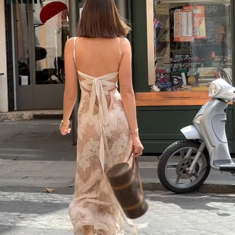 Elegant Vintage Backless Maxi Dress Sexy Low Cut Adjustable Straps Autumn Fashion Wholesale Available