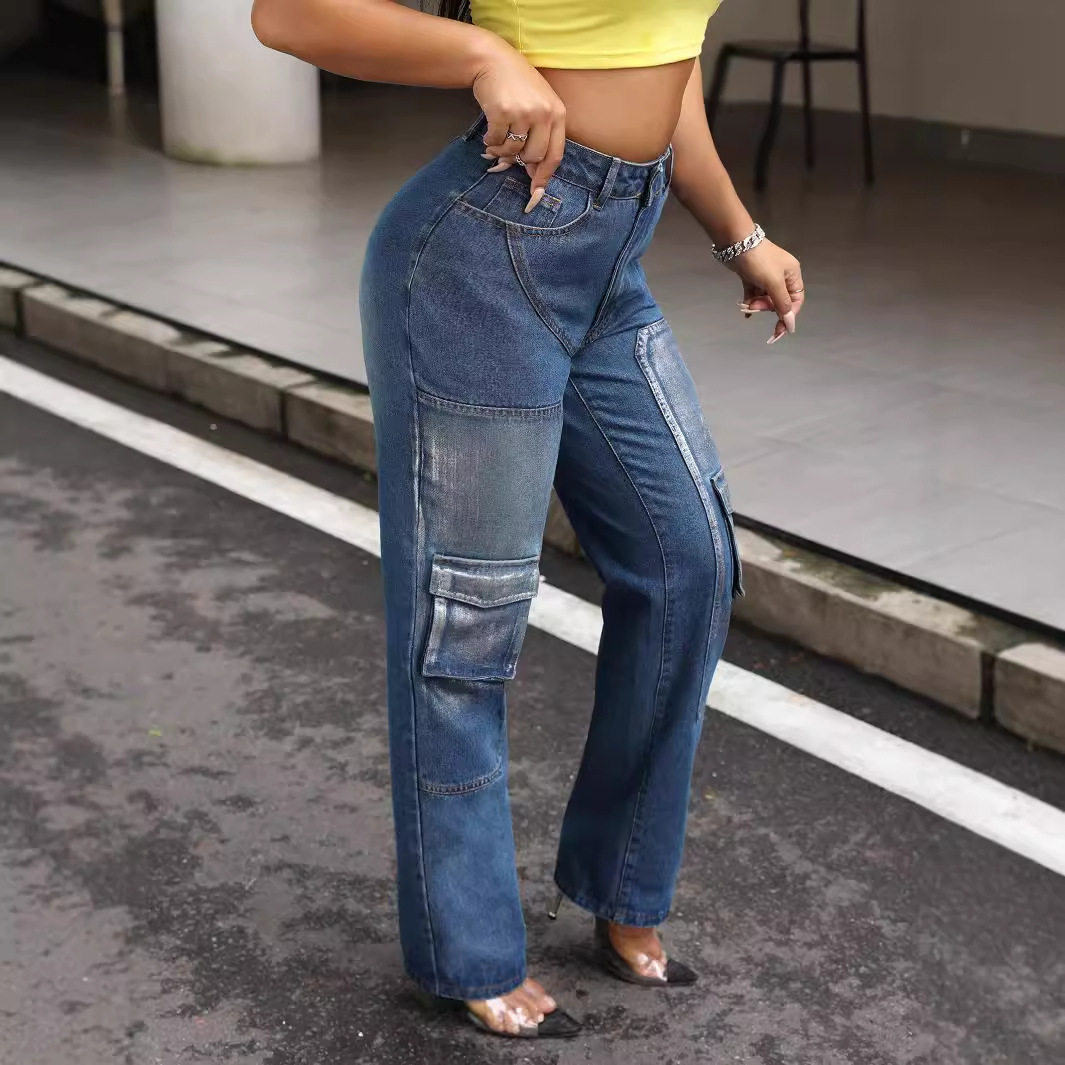 High Waisted Denim Cargo Pants Slim Fit Pocket Design Casual Style Perfect for Everyday Wear Wholesale Available