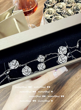 舒伯特玫瑰花石戒指 设计师镀18K金山茶花锆石项链复古耳钉套装