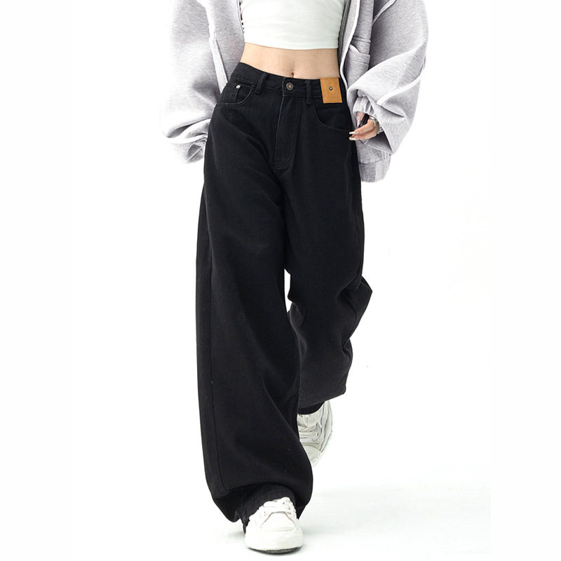 American style black straight jeans women spring 2025 new high street loose mopping pants wide leg pants pants