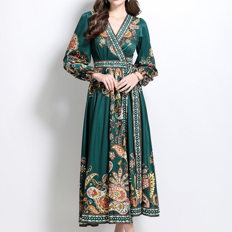 Vintage Floral Print Maxi Dress Cross V Neck Waist Tie Lantern Sleeves Spring Fashion for Women Wholesale Available