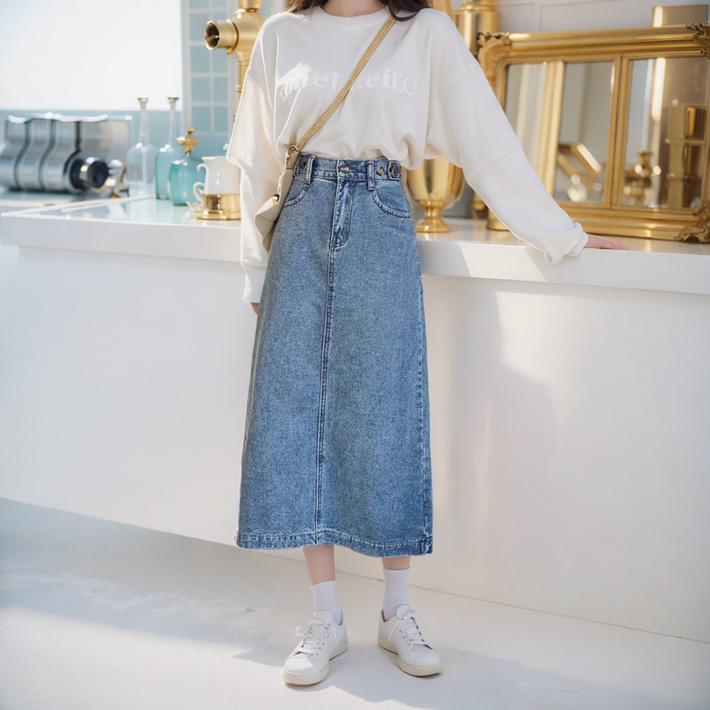 High Waisted A Line Denim Skirt Plus Size Mid Length Split Design Casual Wear for Students Wholesale Available
