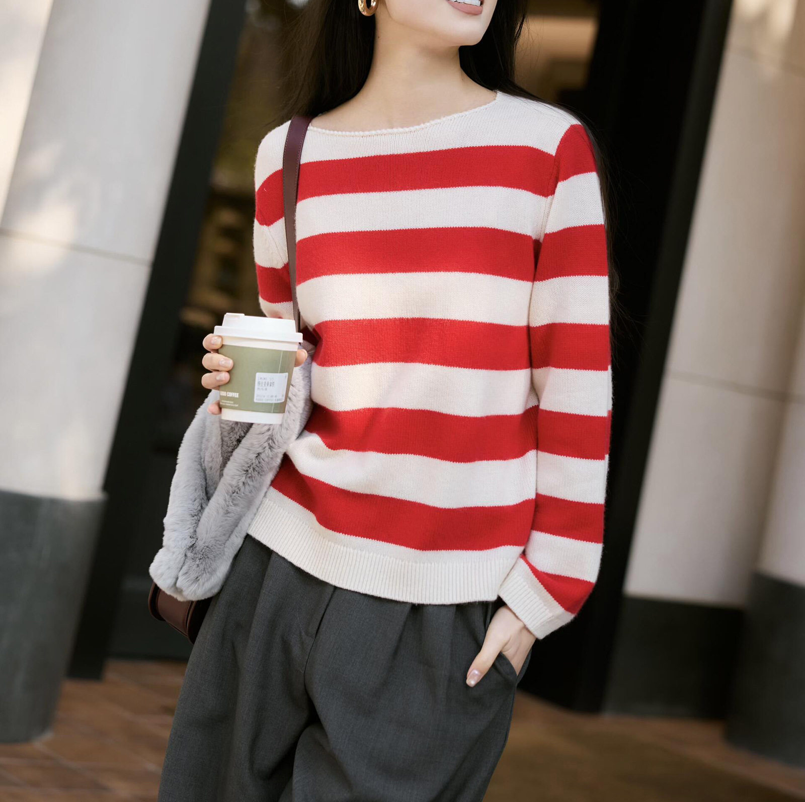 26早春新款羊毛撞色条纹针织衫新年绝美超好看的打底衫女毛衣上衣