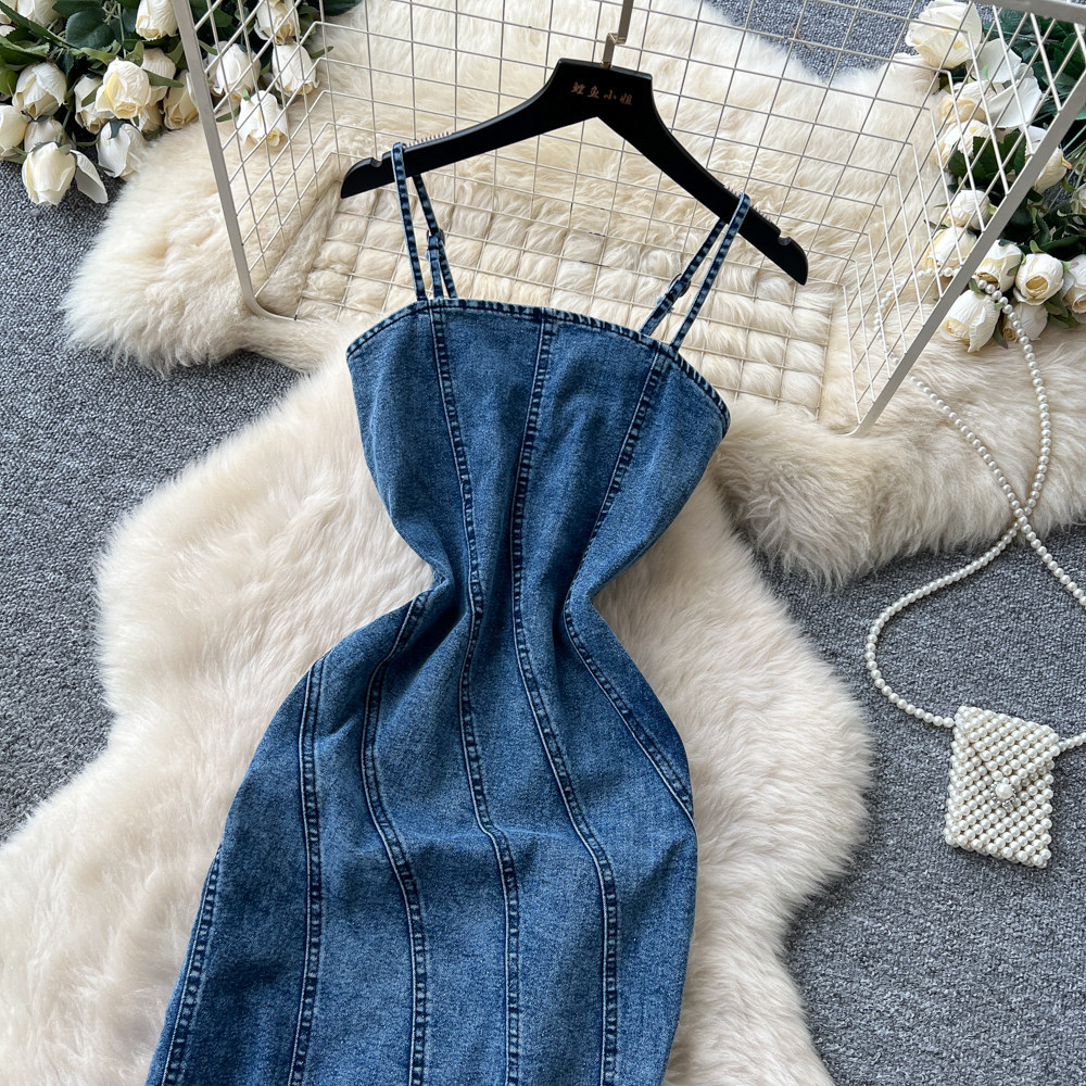 Korean Style Denim A Line Maxi Dress for Women Slim Fit High Waist Sleeveless Summer Fashion Wholesale Available