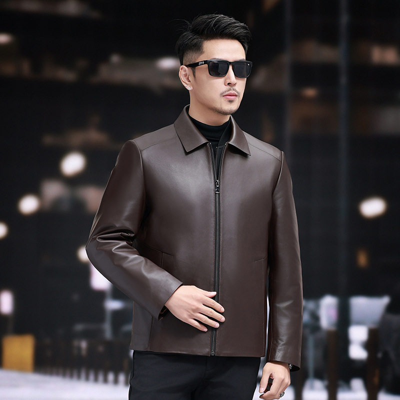 Áo Khoác Da Nam Da Cừu Lót Trong Tháo Rời Cổ Bẻ Màu Đen, Nâu