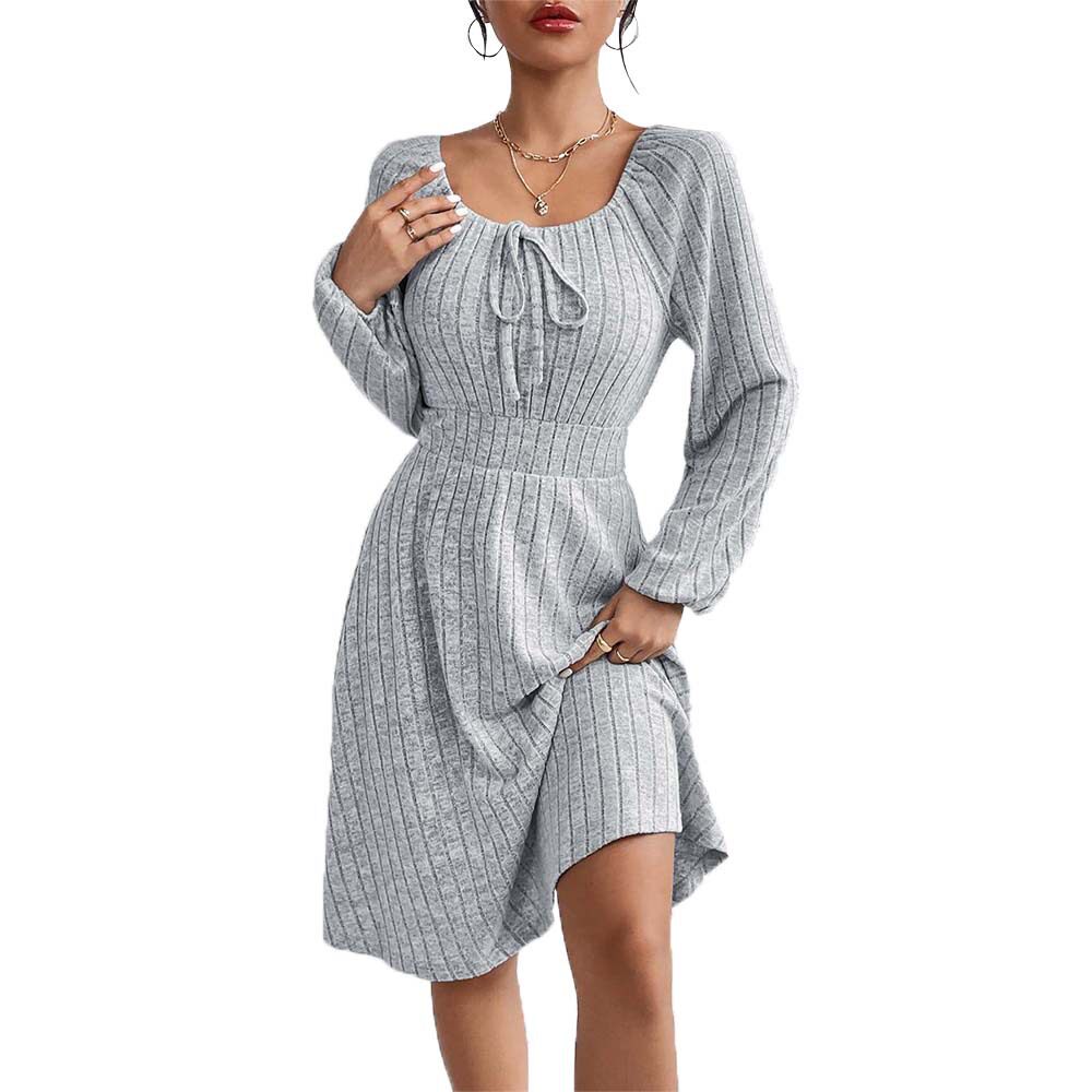 Womens Spring Summer Dress Square Neck Waist Tie Flared Skirt Long Sleeve Striped Fabric Casual or Party Wear