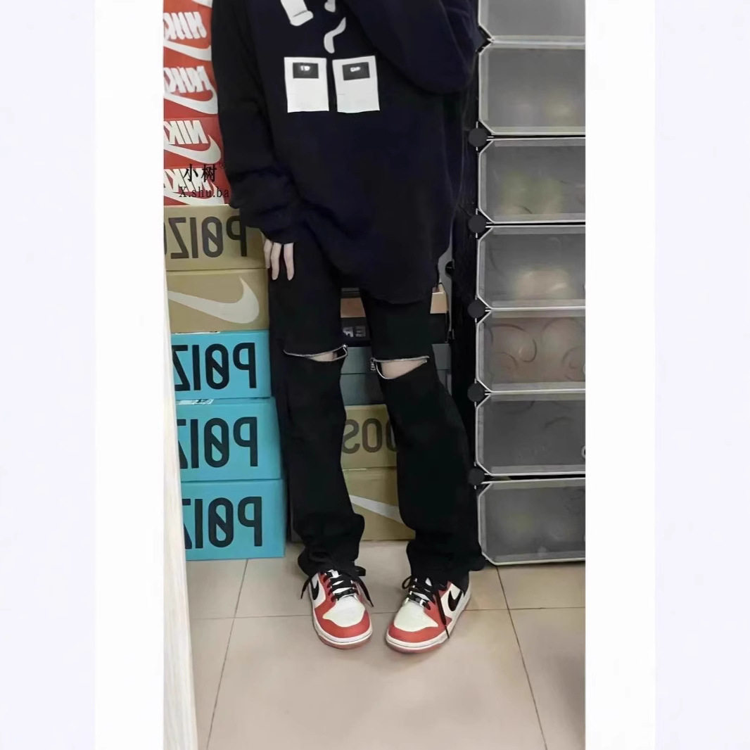 High Street Vintage Black Denim Jeans for Women Loose Fit Knee Cutouts Full Length Spring Summer Fashion Wholesale