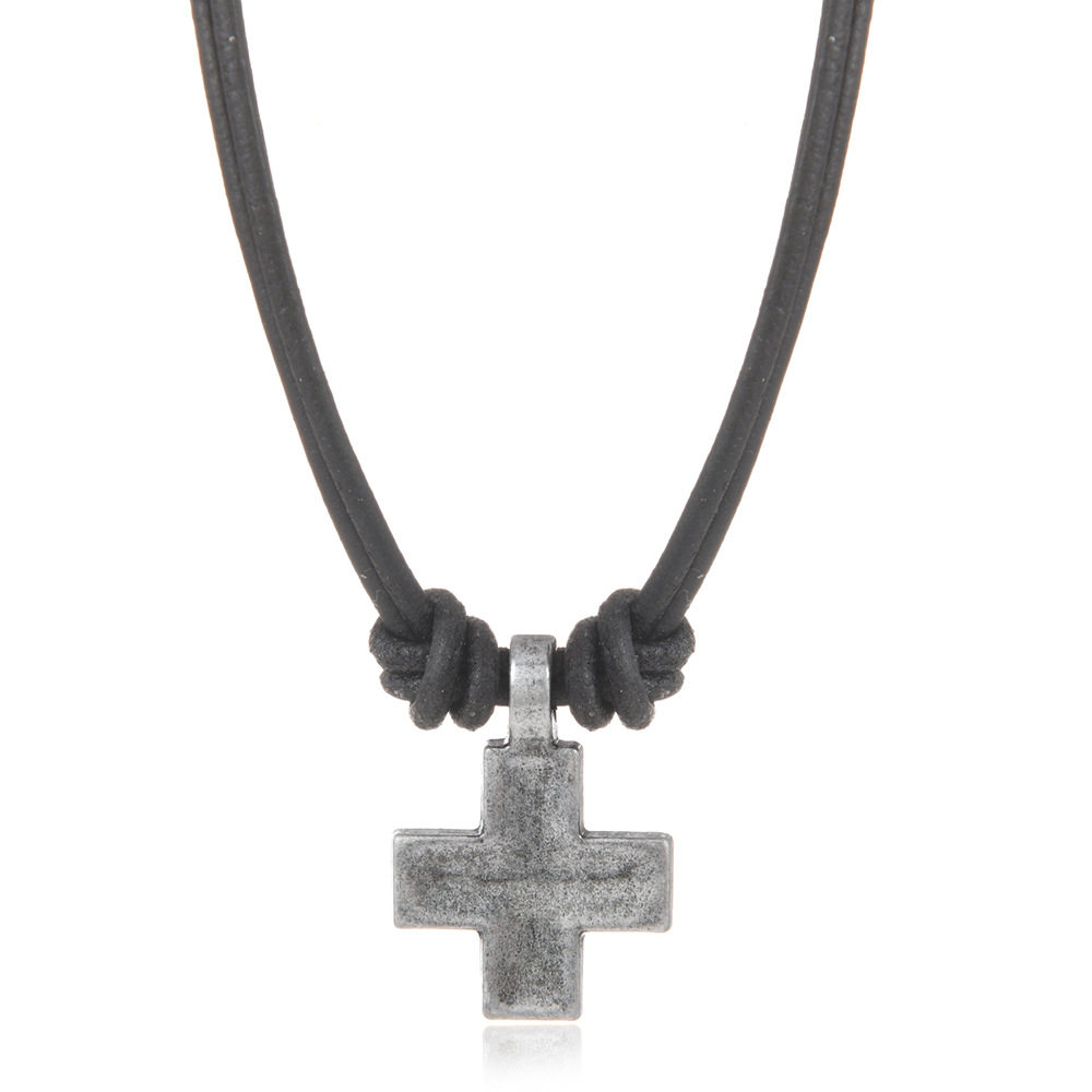 跨境新款配饰简约复古编织十字架吊坠牛皮项链欧美个性饰品批发