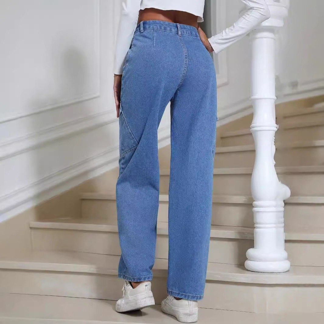 Womens Straight Leg Denim Jeans Trendy Street Style Pocket Design Casual Wear Wholesale Available