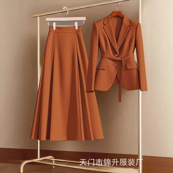 Cross-Border Foreign Trade Women's Temperament Waist Slimming Suit Design Swing Skirt Two-Piece Suit