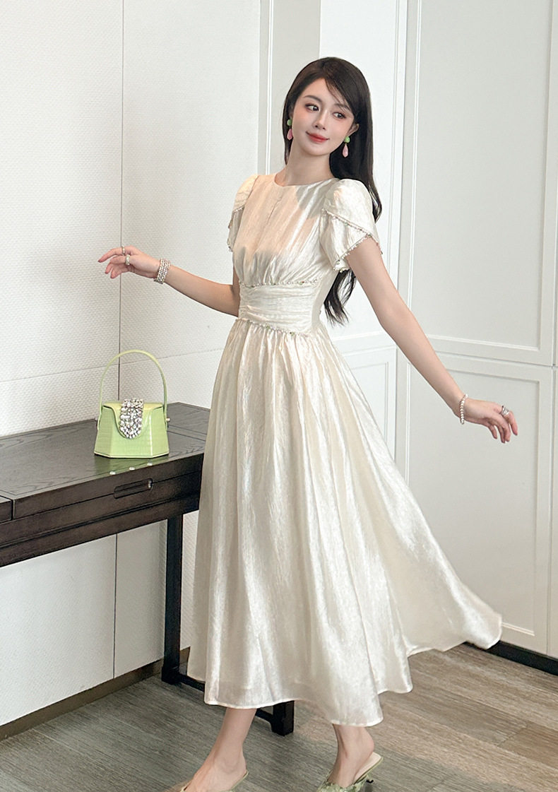 Đầm maxi nữ cổ tròn tay bồng phong cách Pháp — [Màu hồng đào] chi tiết 9
