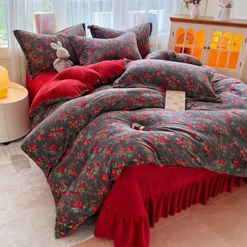 New Milk Velvet Thickeneded Bed Cover Four-Piece Set Winter Coral Velvet Small Floral Quilt Cover Fleece-Lined Bed Bed Sheets Three-Piece Set
