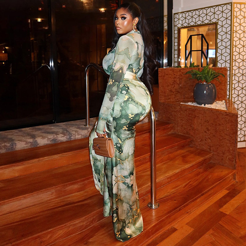 European and American-style Cross-border Printed Waist-wrapped Slim Dress suit Pleated Long Dress High Collar Fashion Two-piece Casual Commuter Women's Clothing