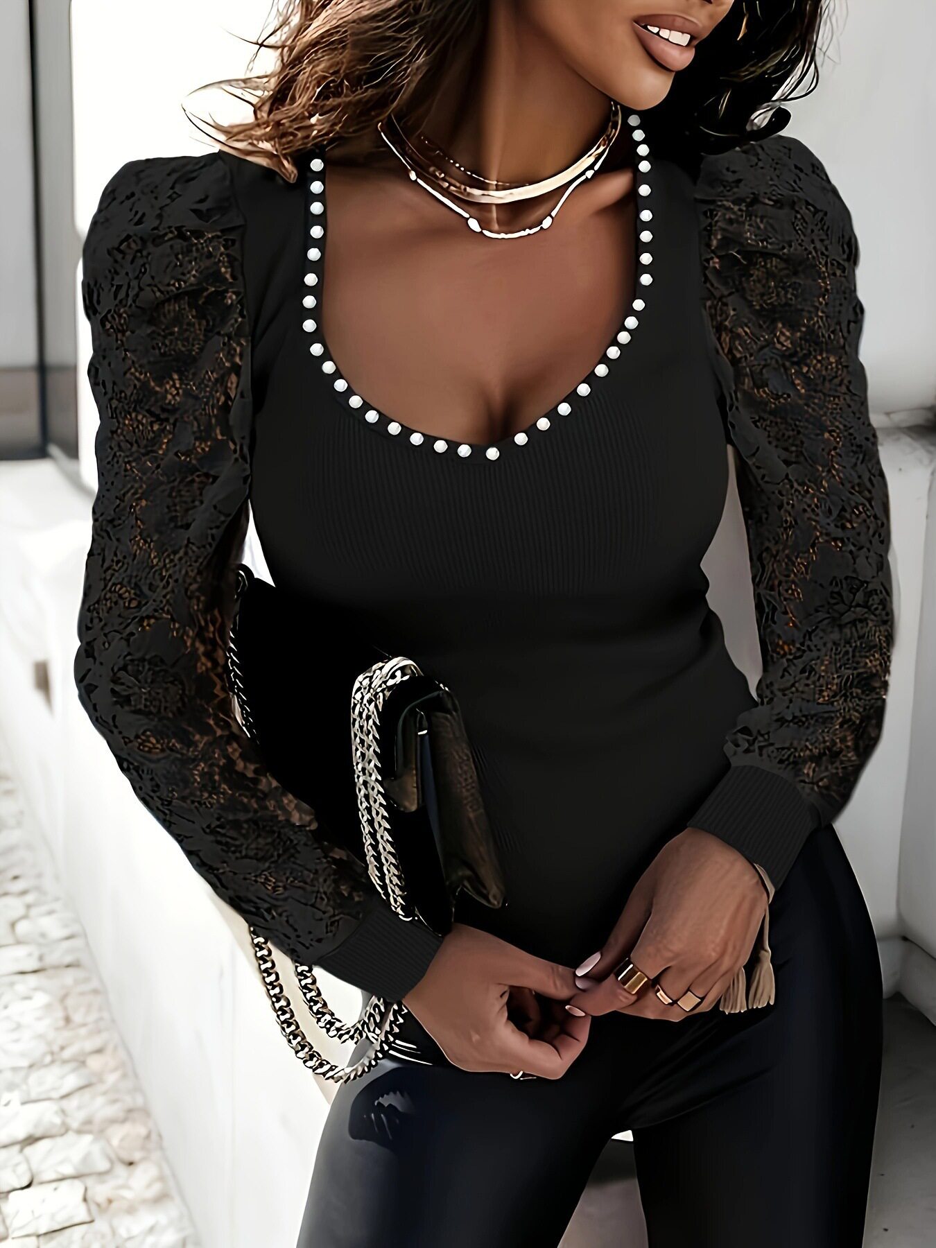 Black Beaded Womens T Shirt Slim Fit Lace Panel Long Sleeve Street Style Casual Wear Ready to Ship