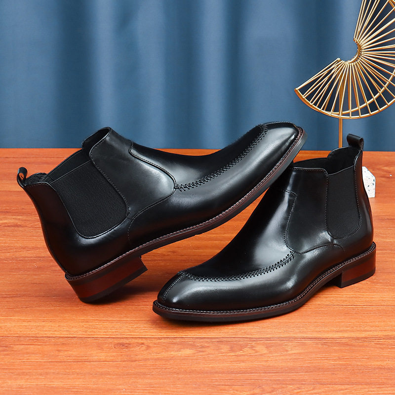 Giày Chelsea Boot Nam Da Bóng Cao Cổ Mũi Nhọn Chiều Cao Đế Khoảng 3cm Màu Đen, Nâu