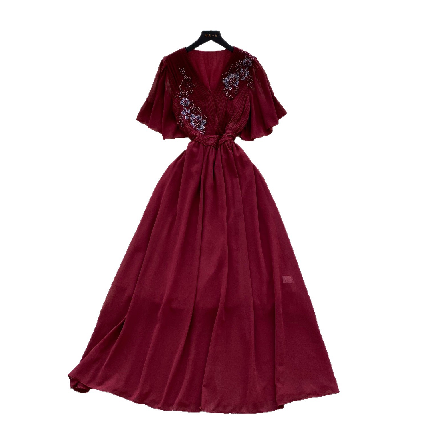 Vintage French Style V Neck Dress Elegant Pleated Design with Beading Summer Long Dress for Sophisticated Women