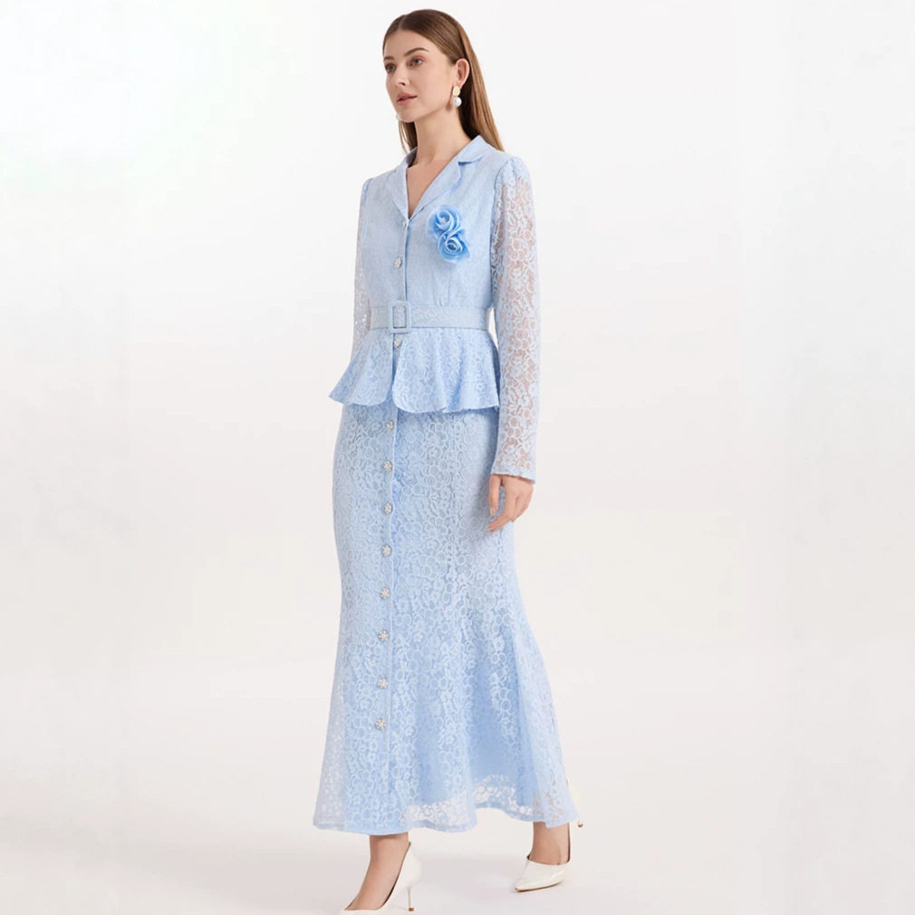 French V Neck Lace Hollow Floral Dress Long Sleeve Waist Defining A Line Silhouette Spring Office Wear Wholesale