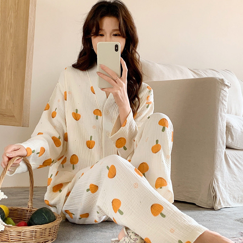 Pure Cotton Gauze Moon Clothing Spring and Summer Thin Long Sleeve Large Size Pregnant Women's Nursing Pajamas Autumn and Postpartum Nursing Home Clothing
