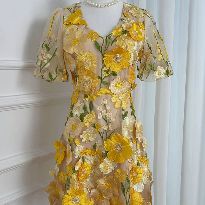 Summer V Neck Puff Sleeve Dress Handcrafted 3D Embroidery Solid Color Elegant A Line Silhouette Perfect for Parties