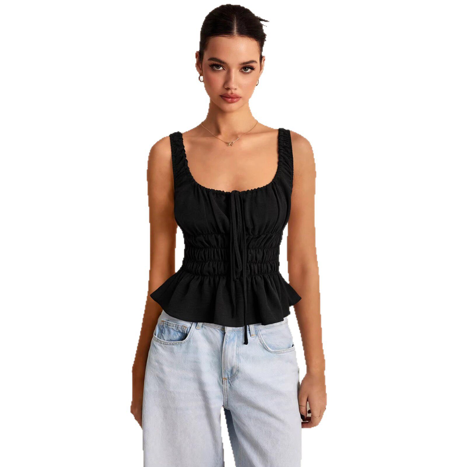 Sweet Ruffled Hem Drawstring Cami Top Square Neck Slim Fit Backless Flowy Design Casual Summer Wear Wholesale