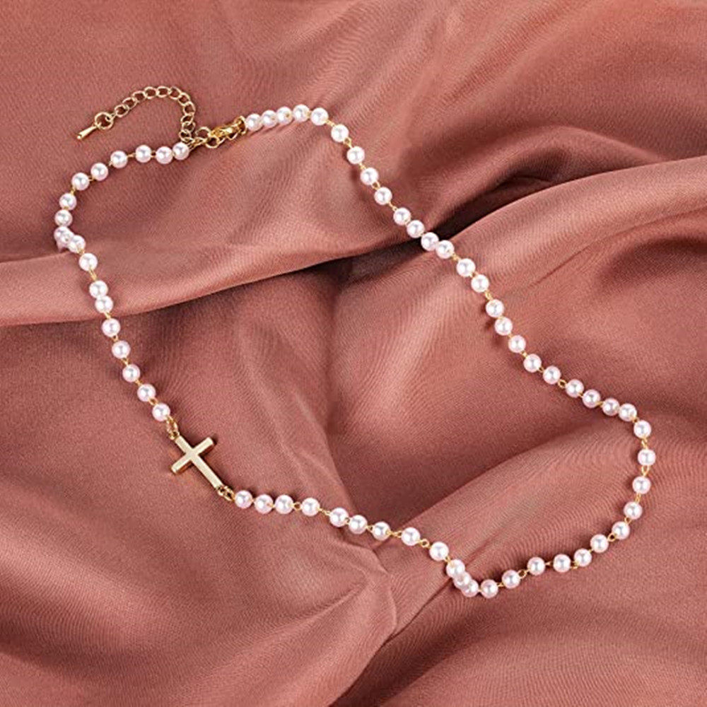 European and American Cross-border New White Imitation Pearl Necklace Chain Wedding Short Collar Chain Simple Cross Pendant Necklace