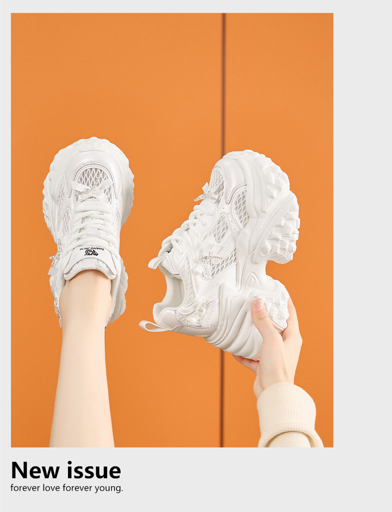 Giày sneaker nữ chạy bộ mesh thoáng mũi tròn đế cao 8 cm — Trắng, Bạc chi tiết 12